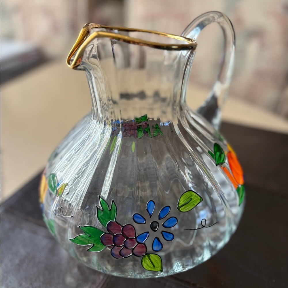 Vintage Floral Hand Painted Glass Pitcher with Gold Trim